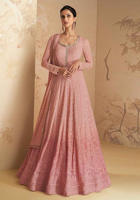 Pink Embroidered Georgette Anarkali Set