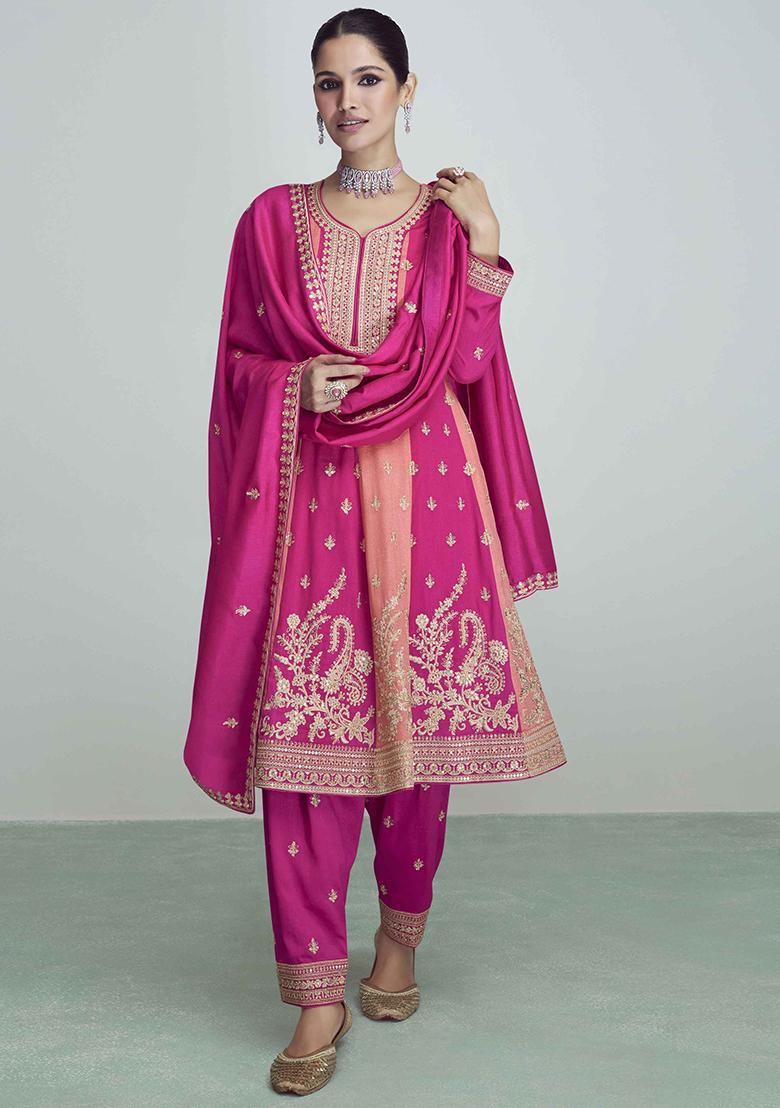 Pink Embroidered Silk Anarkali Set