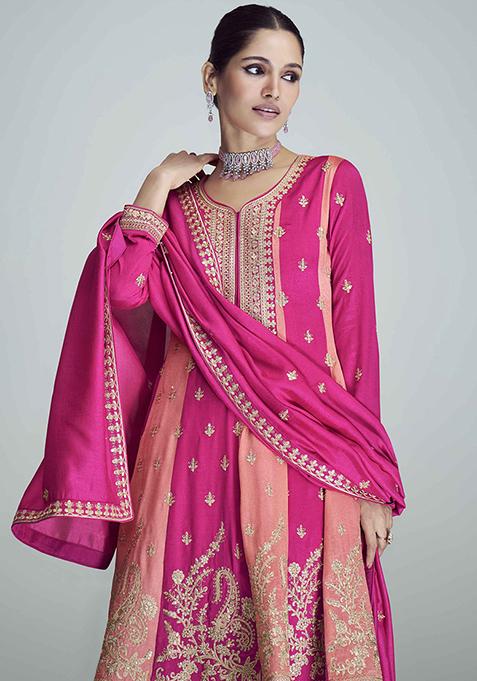 Pink Embroidered Silk Anarkali Set