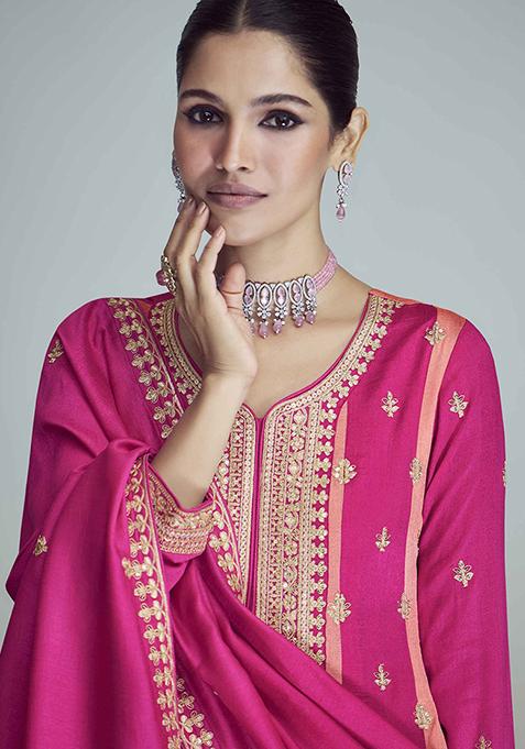 Pink Embroidered Silk Anarkali Set