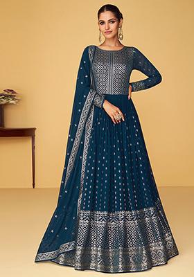 Teal Blue Embroidered Georgette Anarkali Set