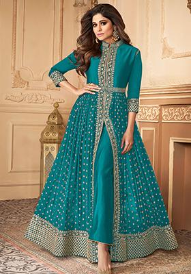 Turquoise Blue Embroidered Georgette Anarkali Set
