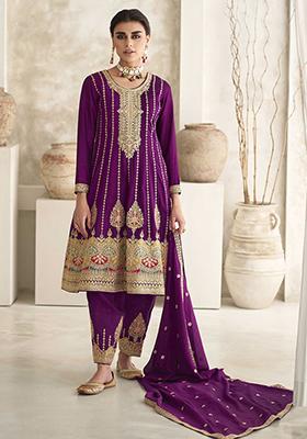 Wine Embroidered Art Silk Anarkali Set