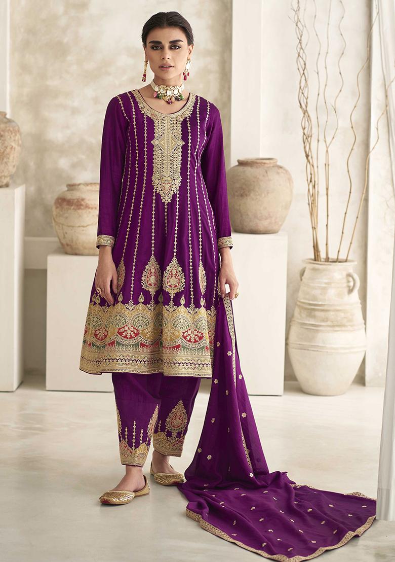 Wine Embroidered Art Silk Anarkali Set