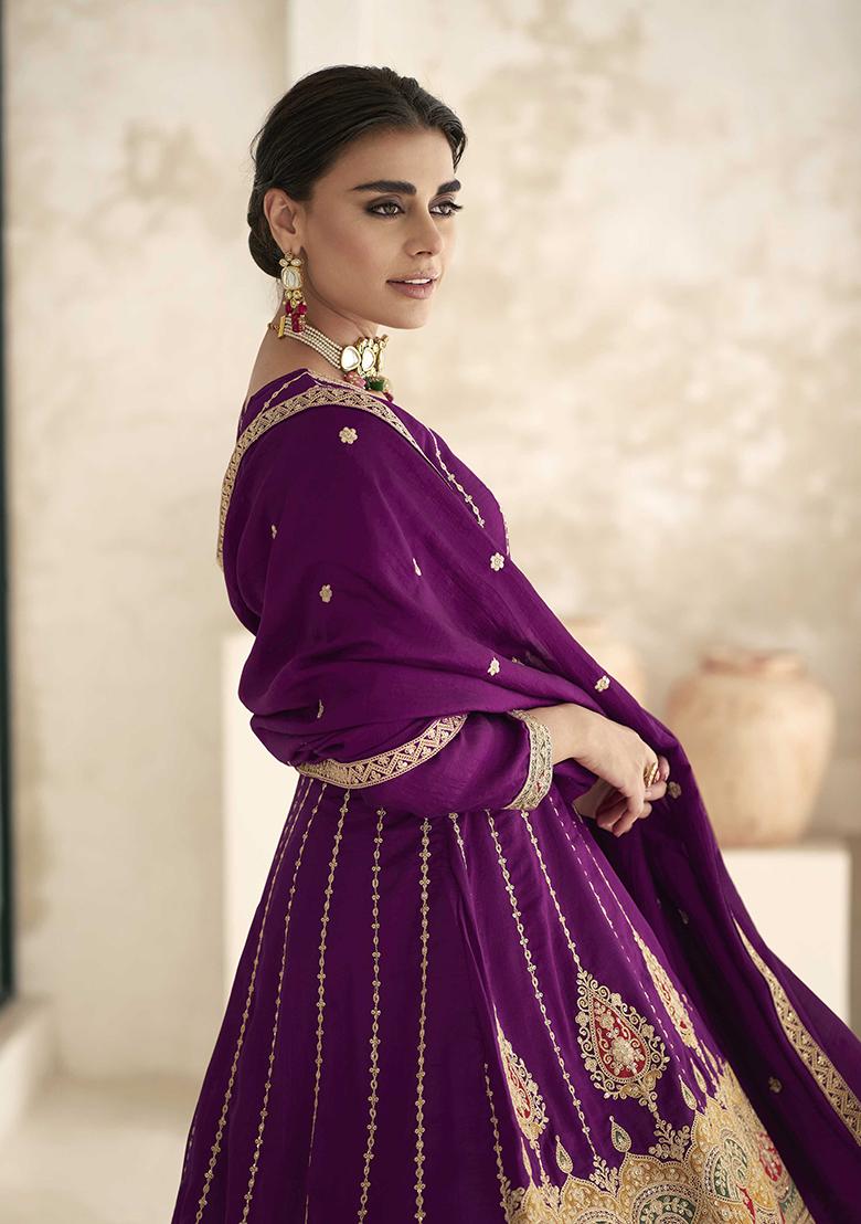 Wine Embroidered Art Silk Anarkali Set