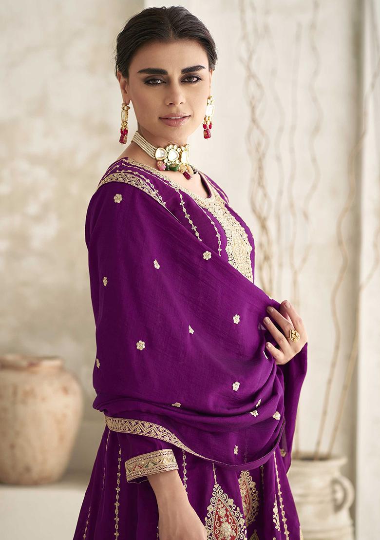 Wine Embroidered Art Silk Anarkali Set