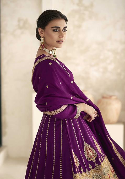 Wine Embroidered Art Silk Anarkali Set