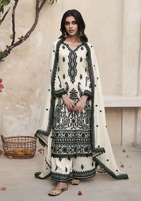 White Embroidered Art Silk Palazzo Set