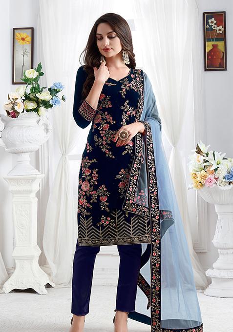 Blue Embroidered Velvet Kurta Set