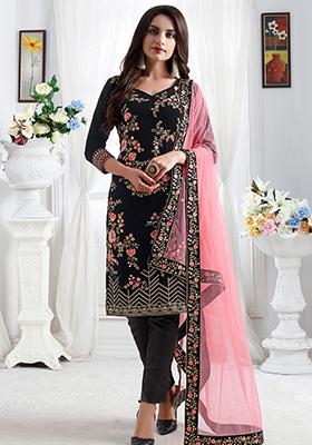 Black Embroidered Velvet Kurta Set