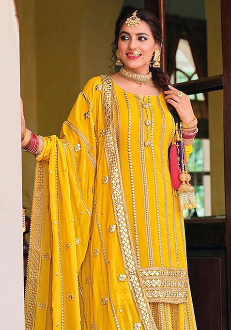 Yellow Embroidered Chinon Palazzo Set