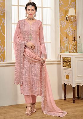 Pink Embroidered Georgette Straight Kurta Set