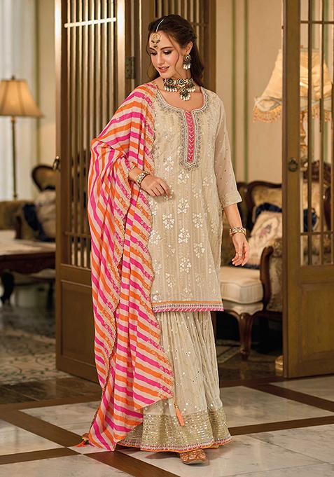 Beige Embroidered Georgette Sharara Set
