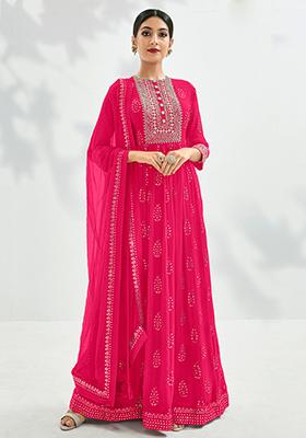 Pink Embroidered Georgette Anarkali With Dupatta