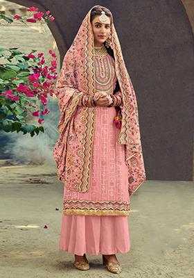 Pink Embroidered Georgette Palazzo Set