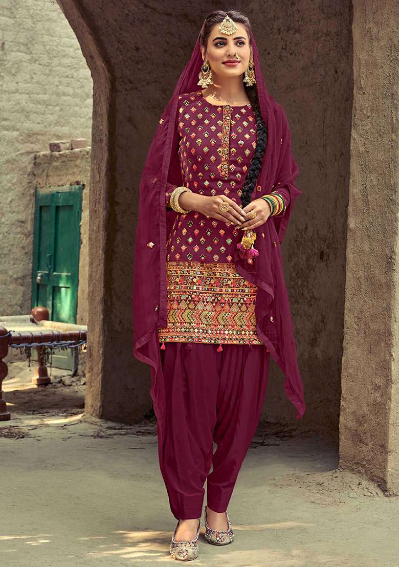Wine Embroidered Georgette Punjabi Suit - Indya