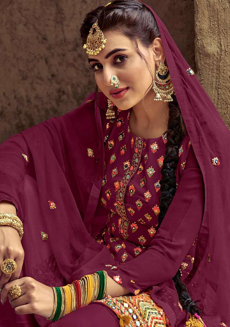 Wine Embroidered Georgette Punjabi Suit - Indya