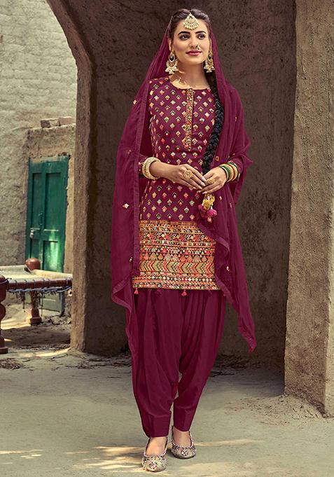 Wine Embroidered Georgette Punjabi Suit — view on Indya