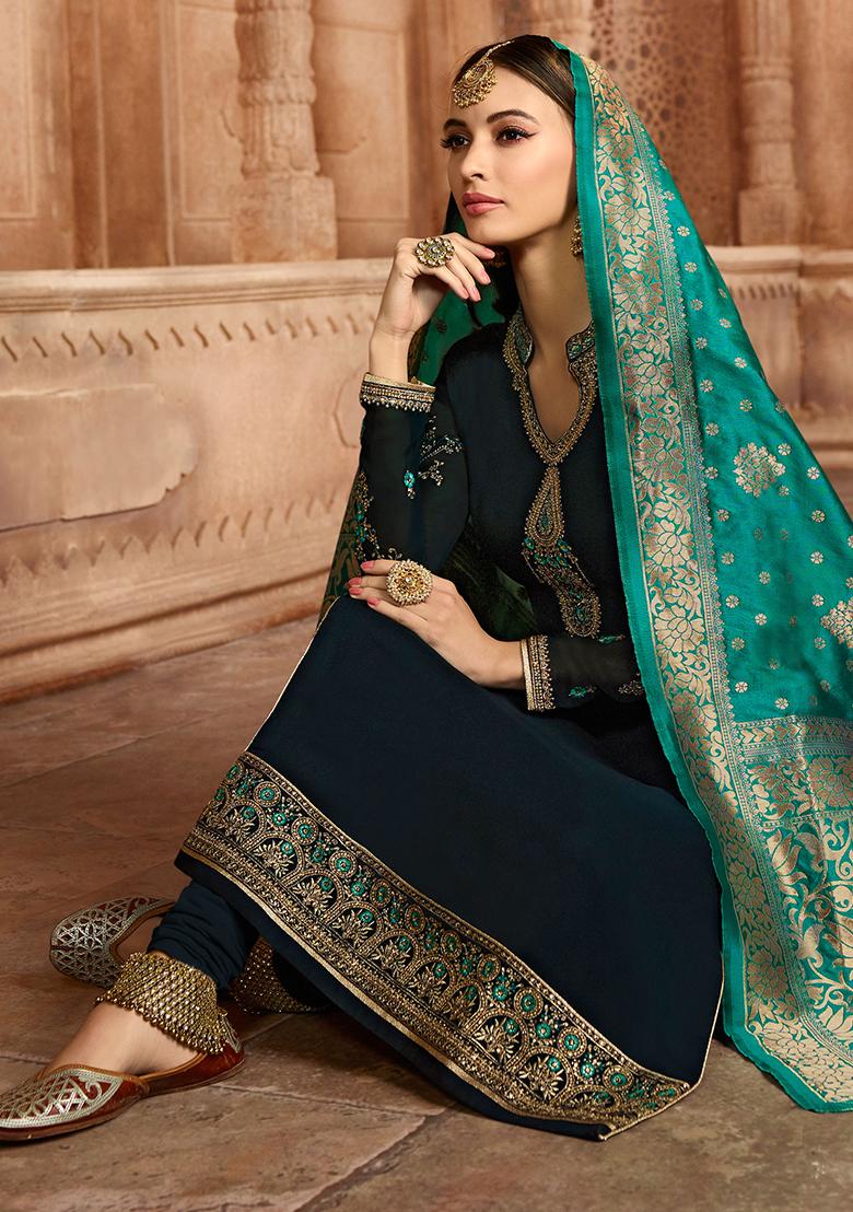 Blue Embroidered Georgette Kurta Set