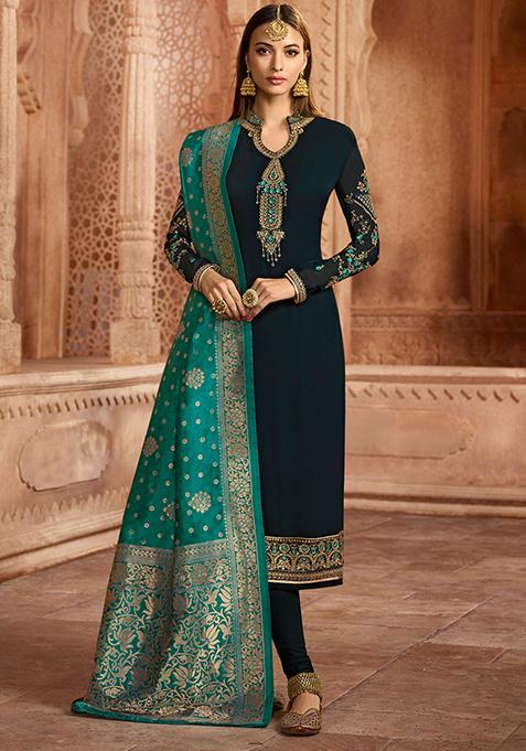 Blue Embroidered Georgette Kurta Set