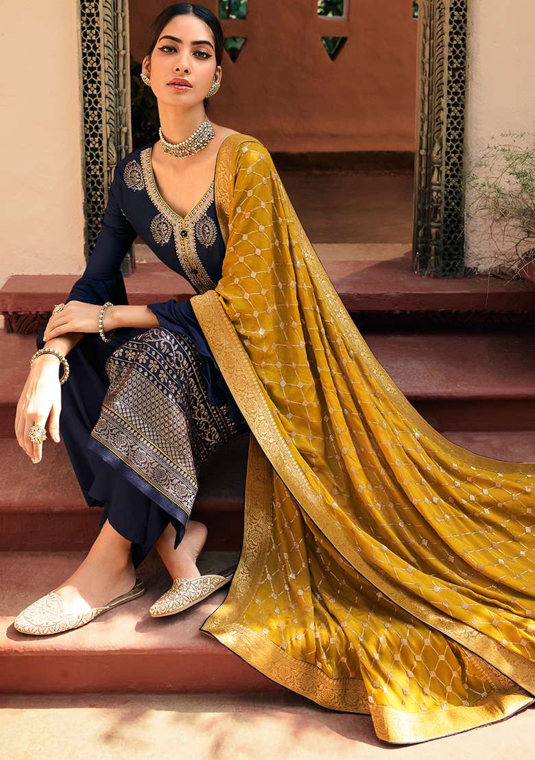Blue Embroidered Chinon Straight Kurta Set - Indya