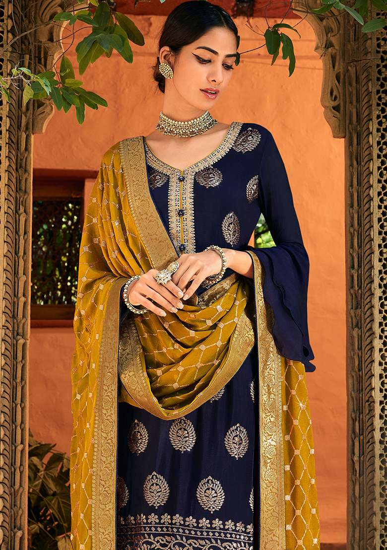 Blue Embroidered Chinon Straight Kurta Set - Indya