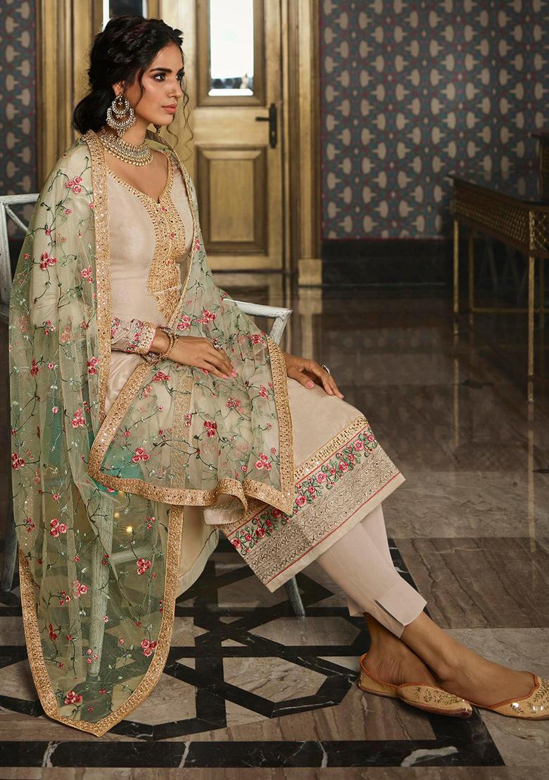 Cream Embroidered Tussar Silk Kurta Set