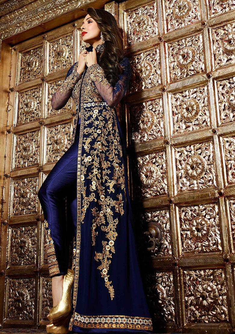 Blue Embroidered Georgette Kurta Set