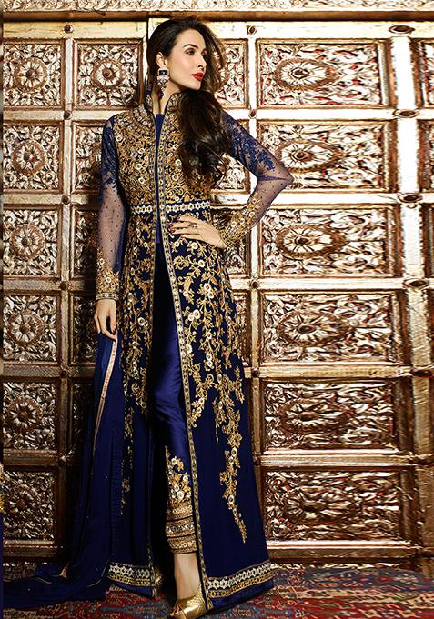 Blue Embroidered Georgette Kurta Set