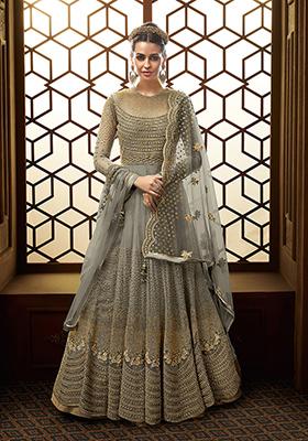 Grey Embroidered Net Kurta Set