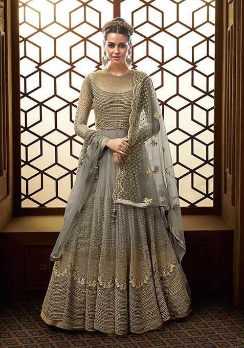 Grey Embroidered Net Kurta Set