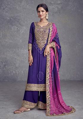 Purple Embroidered Chinon Palazzo Set