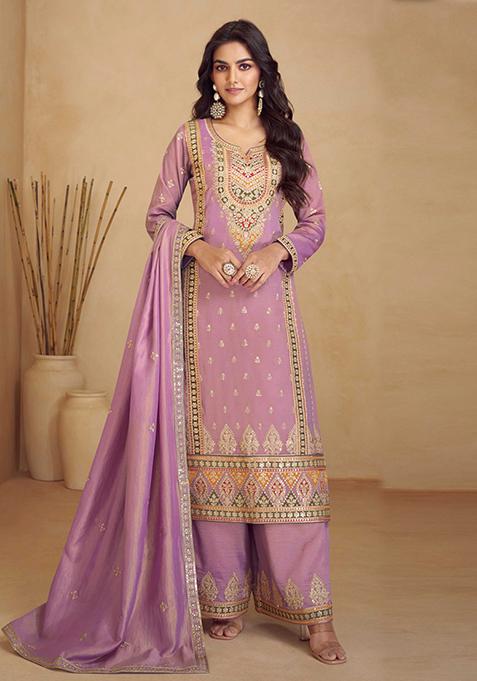 Lilac Embroidered Simar Silk Palazzo Set