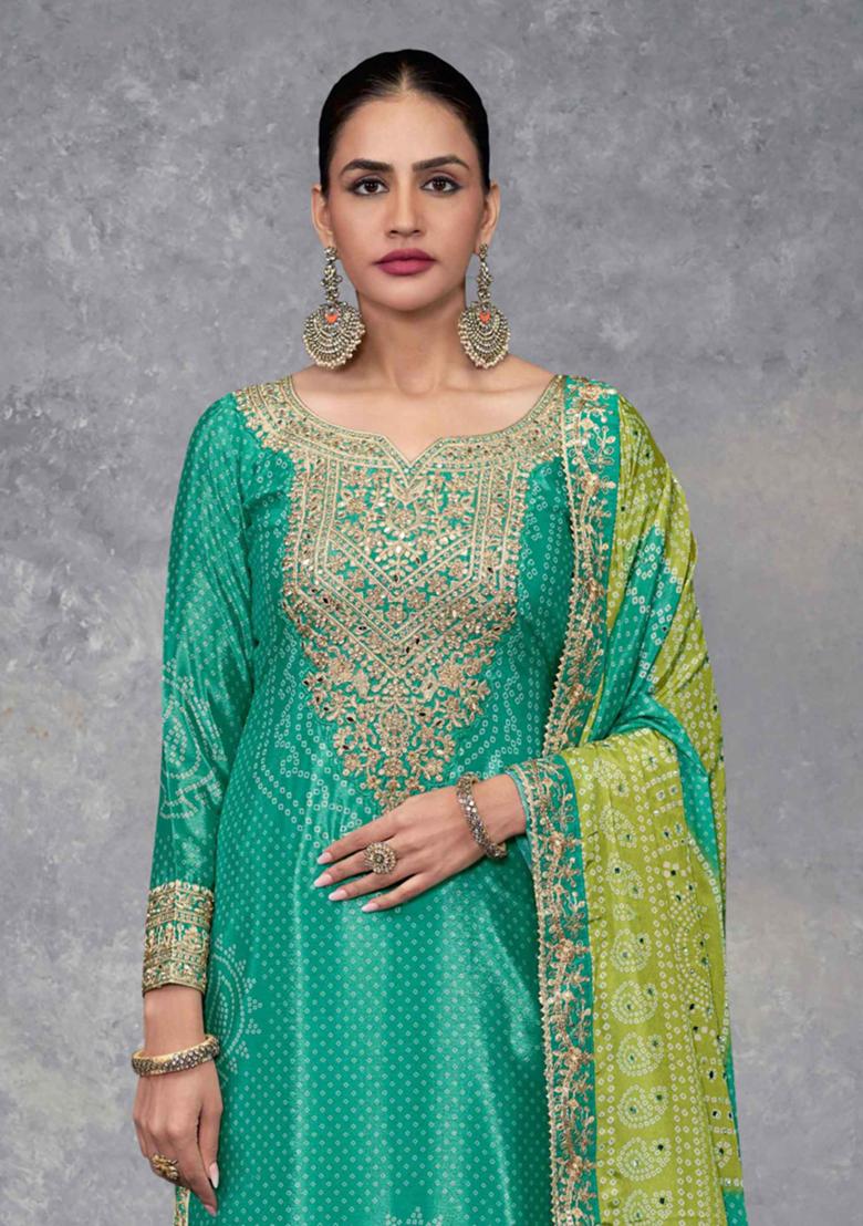 Turquoise Blue Embroidered Chinon Palazzo Set