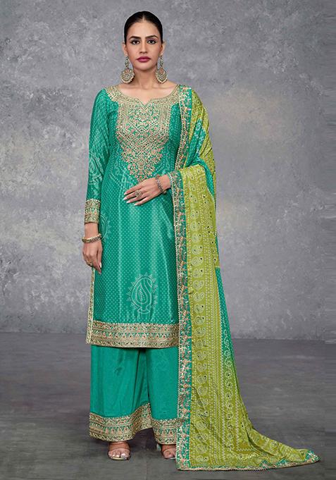 Turquoise Blue Embroidered Chinon Palazzo Set