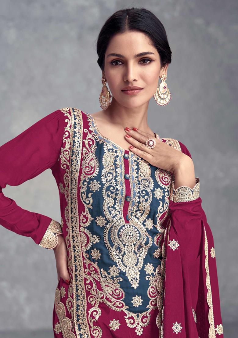 Pink Embroidered Chinon Palazzo Set