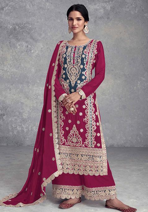 Pink Embroidered Chinon Palazzo Set