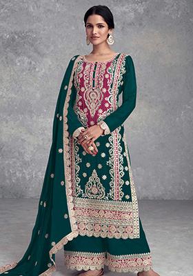 Teal Green Embroidered Chinon Palazzo Set