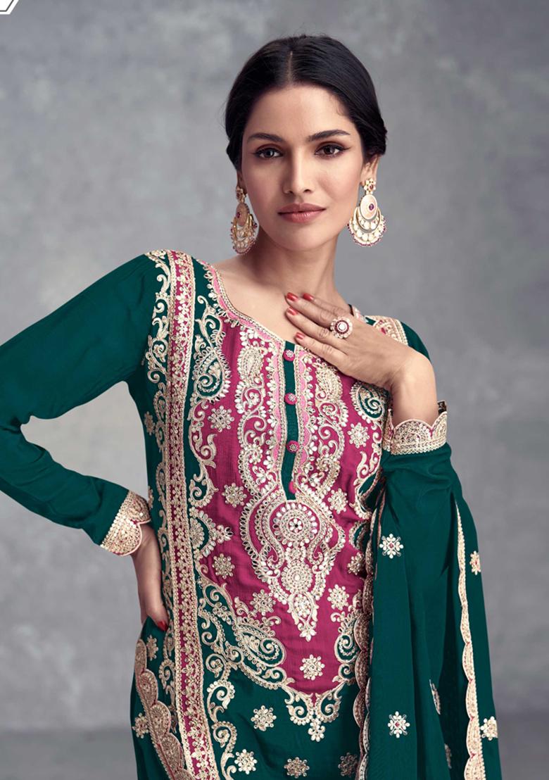 Teal Green Embroidered Chinon Palazzo Set