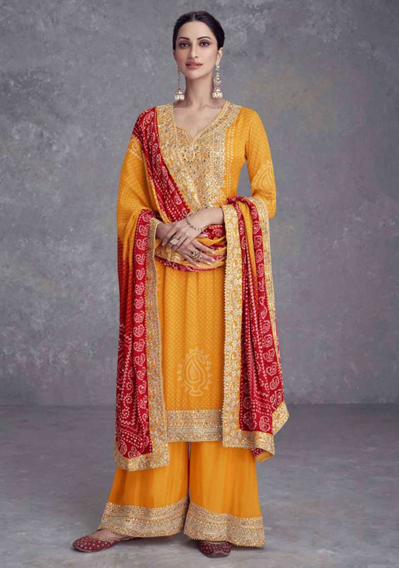 Mustard Embroidered Chinon Sharara Set - Indya