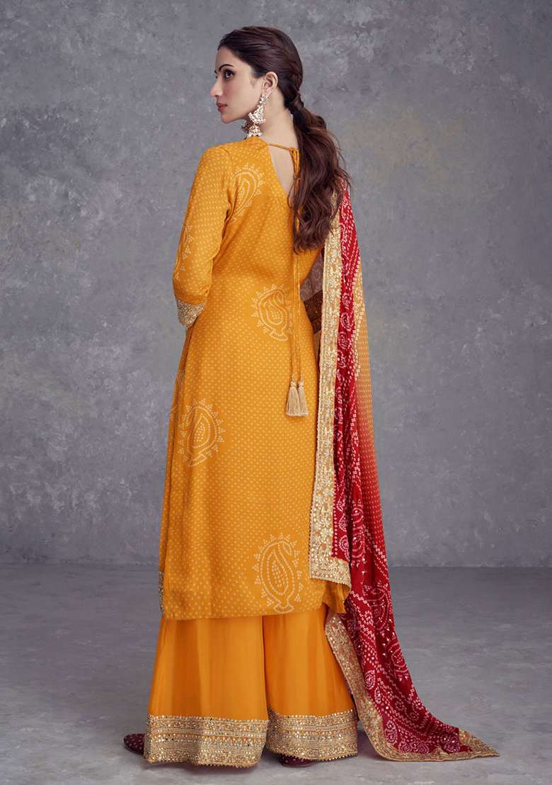 Mustard Embroidered Chinon Sharara Set - Indya