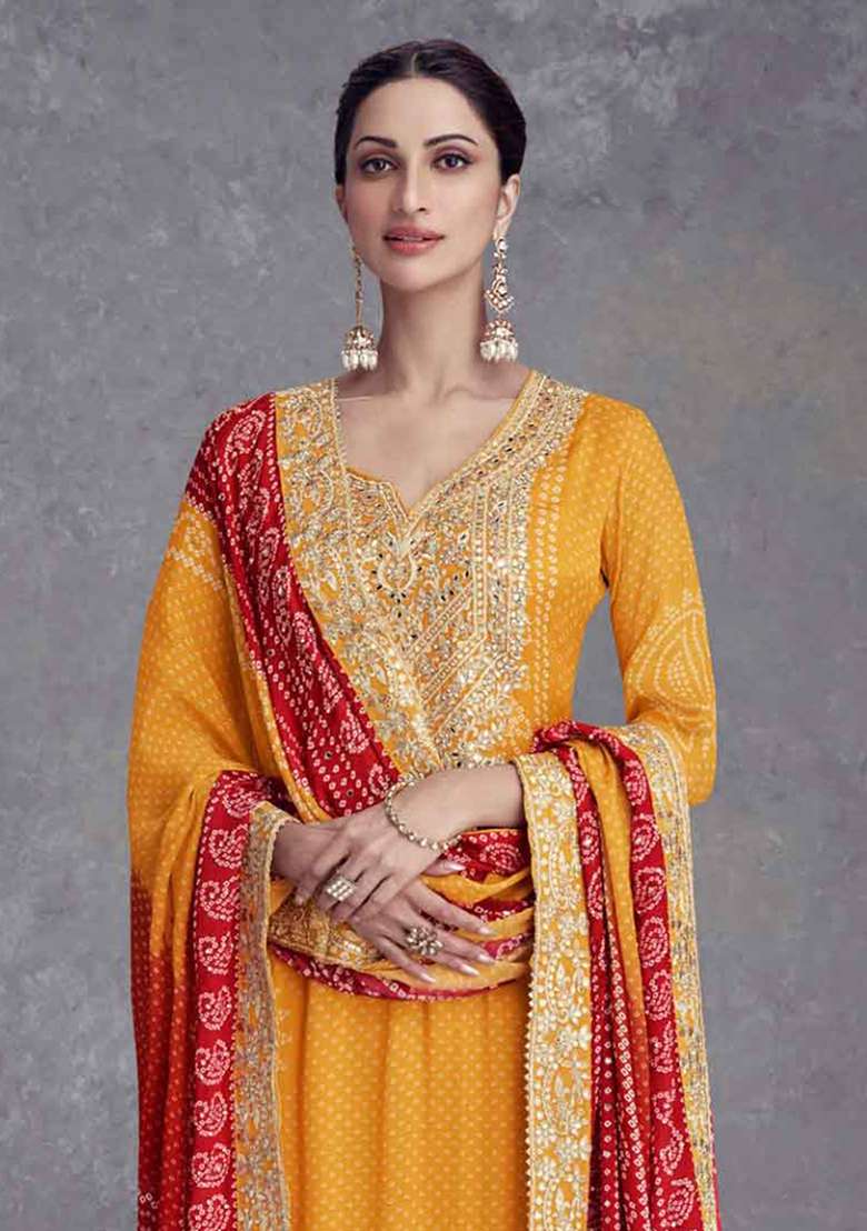 Mustard Embroidered Chinon Sharara Set - Indya