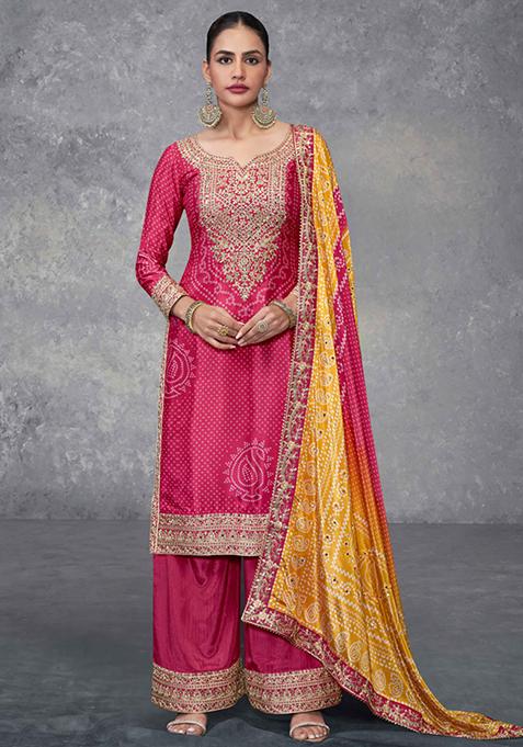 Pink Embroidered Chinon Palazzo Set