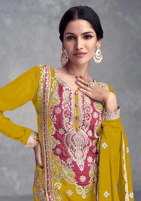 Sunshine Luxe Mustard Yellow Premium Chinon Silk Top, Palazzo & Dupatta Set main image 1