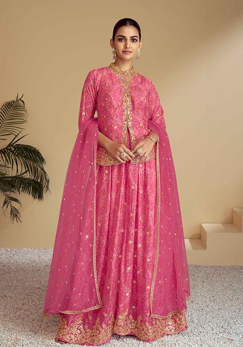 Pink Embroidered Chinon Palazzo Set