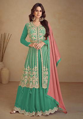 Teal Green Embroidered Chinon Anarkali Set