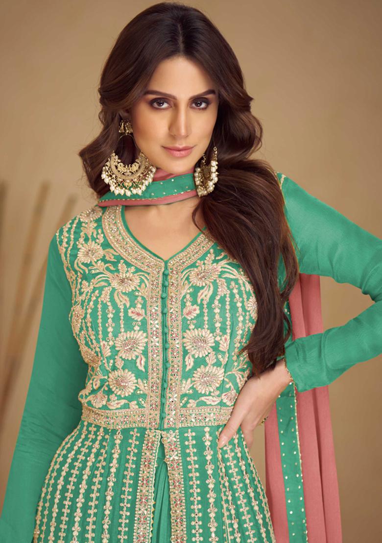 Teal Green Embroidered Chinon Anarkali Set
