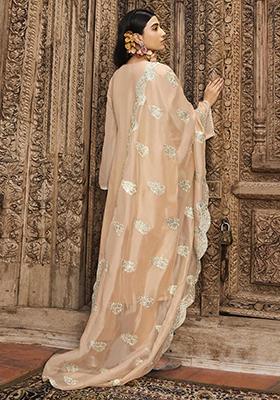 Peach Embroidered Organza Silk Palazzo Set