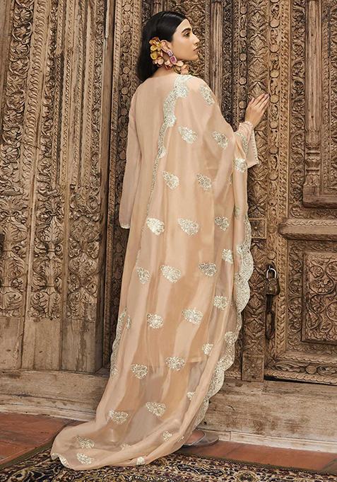 Peach Embroidered Organza Silk Palazzo Set