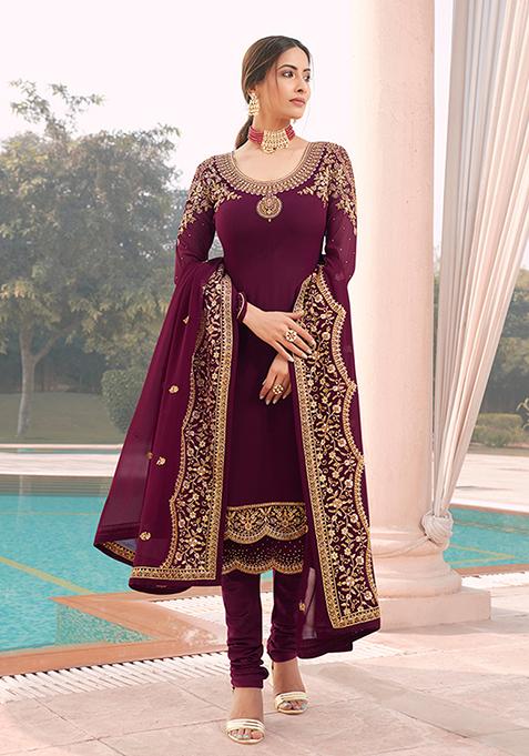 Wine Embroidered Georgette Kurta Set